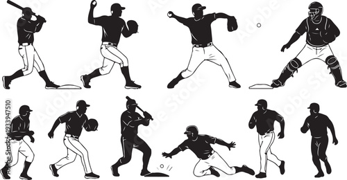 Baseball players in various poses and actions illustration set