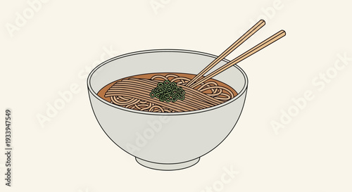 Japanese Noodles Bowl with Chopsticks, Minimalist Illustration