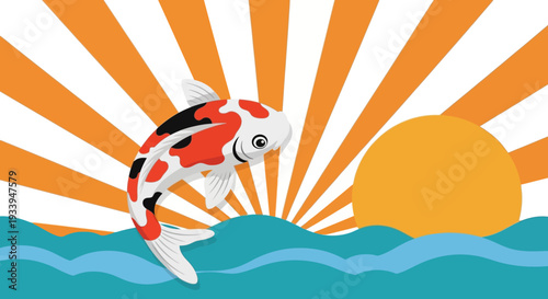 Koi fish jumping out of water with sunburst background