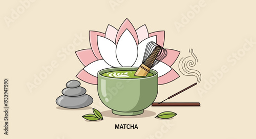 Matcha tea ceremony set with zen stones and lotus flower