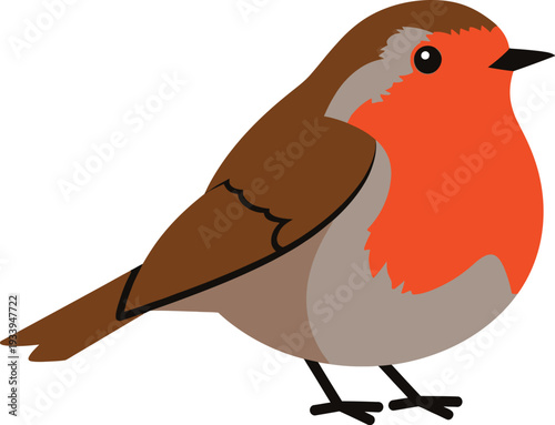 European robin bird with bright orange breast perched illustration on white.