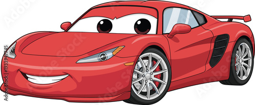 Cheerful red sports car cartoon character illustration with big eyes and a smile for kids automotive racing and transport design,
