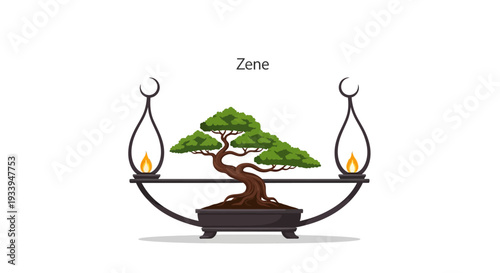 Zen Bonsai Tree with Lanterns and Flames