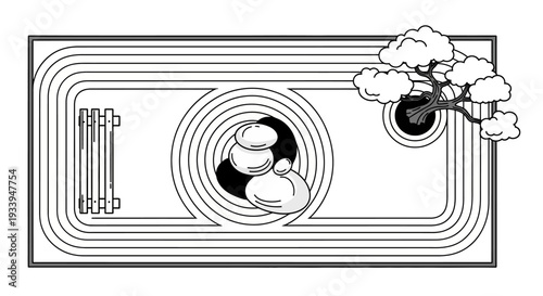 Zen Garden Raked Sand, Stones, and Bonsai Tree