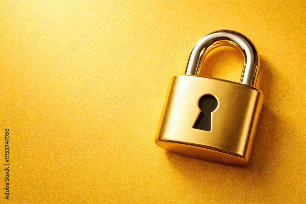 Fototapeta premium Shiny gold padlock on yellow background showing concepts of security, privacy, and luxury