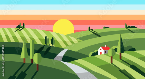 Flat design landscape, rolling hills, farmhouse, sunset
