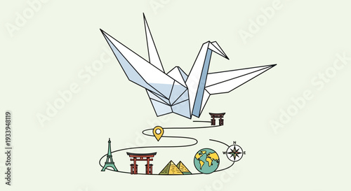 Origami Crane Flying Over World Landmarks Journey