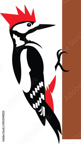 Woodpecker clings vertically to a brown tree trunk with bright red crest.