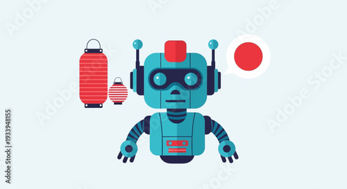 Robot with Japanese Lanterns and Flag Symbol