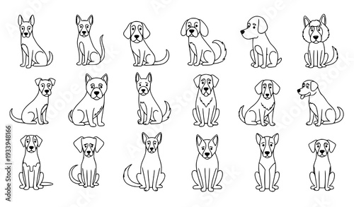 Cute Outline Purebred Dogs Vector Set – Cartoon Line Art Dog Breeds Collection on White Background