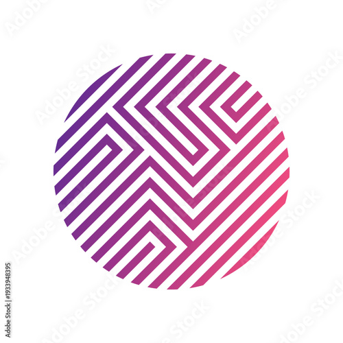 Abstract circular geometric maze pattern with a vibrant purple to pink gradient, featuring a hidden letter T and creating an optical illusion.