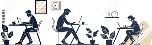 People working on laptops vector illustration showing silhouette characters in workspace