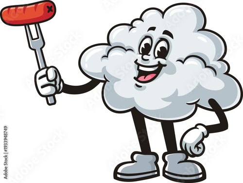 Cloud mascot cartoon holding a sausage