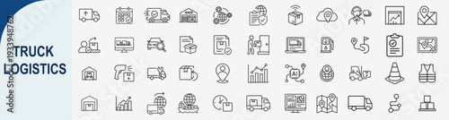 truck logistics and cargo transport icons, minimal outline vector set