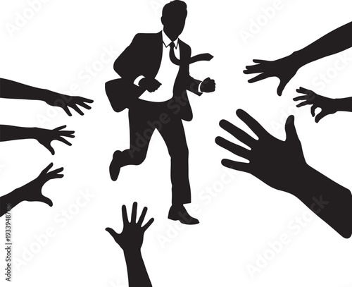 Businessman escaping from grasping hands in a chaotic scene