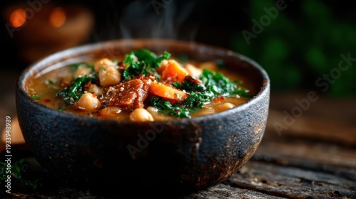 A hearty bowl of steaming vegetable soup surrounded by fresh ingredients, showcasing warmth and comfort, ideal for conveying themes of nourishment, care, and wholesome dining experiences.