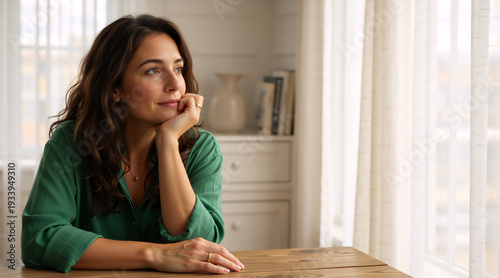 Thoughtful woman looking out of a window at home. Pensive female sitting at a wooden table in a green shirt. Contemplation and lifestyle concept. Copy space for text Free Download Thoughtful woman looking out of a window at home. Pensive female sitting at a wooden table in a green shirt. Contemplation and lifestyle concept. Copy space for text - GFXLoad