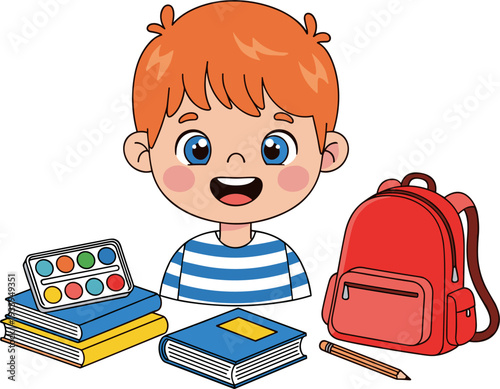 Illustration of a Happy Boy with Books, Backpack, and School Supplies for Education, Kids' Learning, and Study Materials