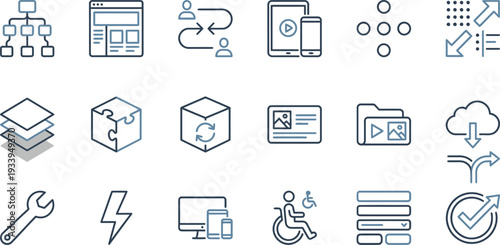 Collection of clean blue and black line icons representing technology, data structure, and workflow processes.