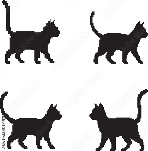 Minimalist Black Pixel Cat Silhouette Graphics Set 
