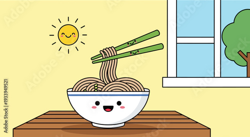 Cute Kawaii Noodles Bowl with Chopsticks and Sun