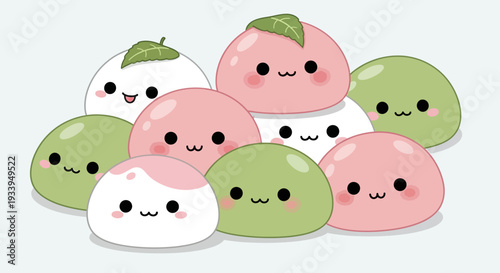Cute Kawaii Mochi Sweets, Japanese Dessert, Pink, White, Green