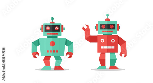 Cute Robots Waving Hello, Flat Design