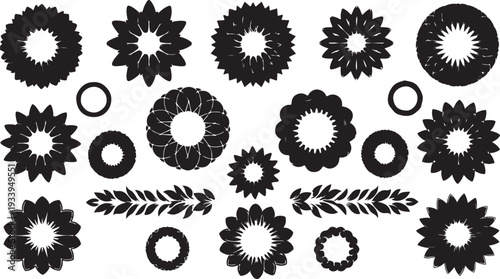 Black Floral Silhouettes and Leaves on White Background Illustration