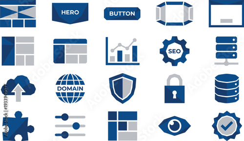 Collection of professional blue and gray web development and digital marketing flat icons set.
