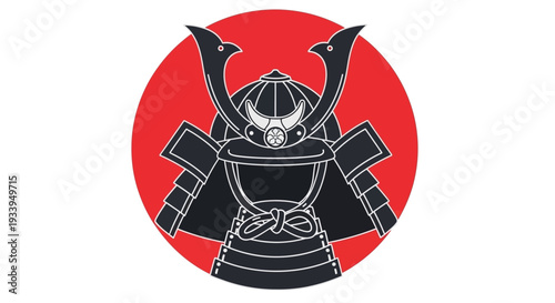 Samurai Helmet Emblem on Red Circle Background