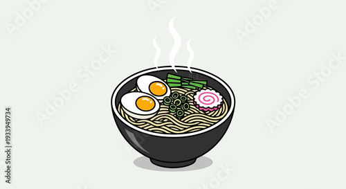 Steaming Bowl of Ramen Noodles with Egg and Narutomaki