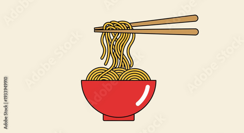 Chopsticks Lifting Delicious Noodles from Red Bowl