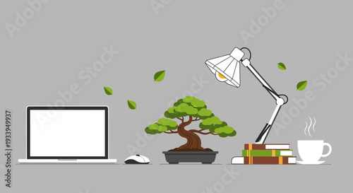 Desk Setup: Laptop, Bonsai, Lamp, Books, Coffee