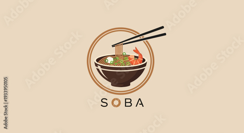 Soba Noodles Bowl with Shrimp and Chopsticks - Japanese Food Logo
