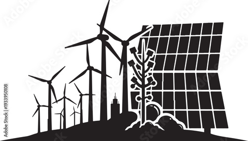 Renewable Energy Sources Wind Turbines Solar Panels Illustration