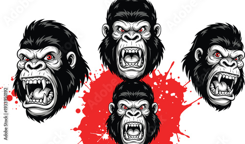 Aggressive gorilla head illustration, fierce animal artwork, wild primate design, jungle wildlife graphic, angry ape symbol, powerful creature art, black red
