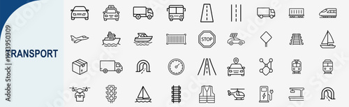 transport vehicle and road sign icons, minimal vector set