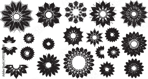 Black and white floral mandala designs on white background