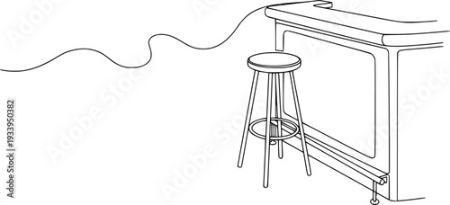 Continuous Line Drawing Furniture Set - Minimalist Bar Stool and Kitchen Counter Interior Vector