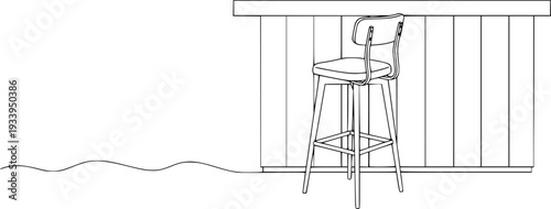 Continuous Line Drawing Furniture Set - Minimalist Bar Stool and Kitchen Counter Interior Vector