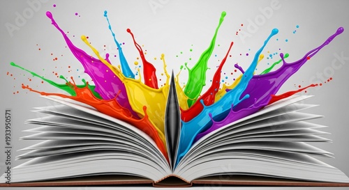 Open book with colorful paint splashes coming out