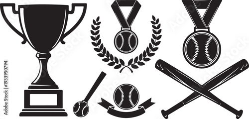 Baseball Awards and Equipment Icon Set in Black Silhouette