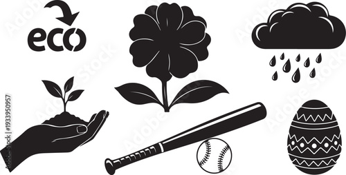 Eco friendly symbols and baseball equipment illustrations combined