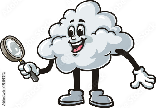 Cloud mascot cartoon holding a magnifying glass