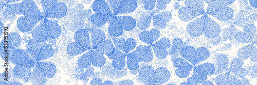 Blue cyanotype clover botanical background. Halftone overlay texture with flower silhouette. Vector delicate nature art, indigo blue wallpaper for banner, template, graphic design project.