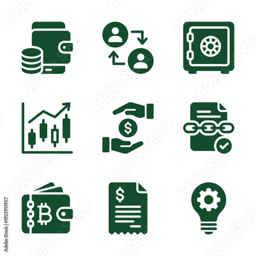 Set of Nine Green Icons Representing Finance Blockchain and Digital Payment Solutions