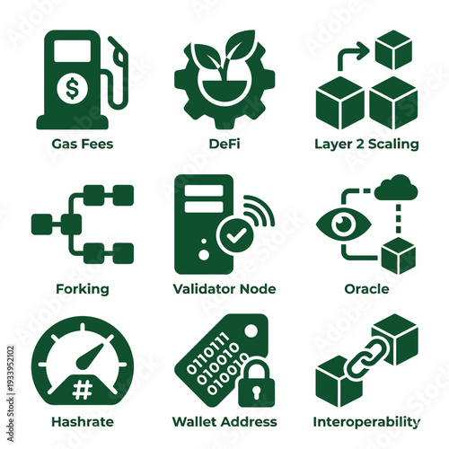 Set of Nine Green Blockchain and Cryptocurrency Concepts Icons for Web