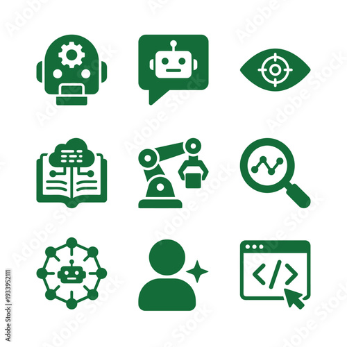 Set of Green Artificial Intelligence and Machine Learning Technology Icons