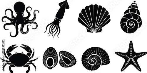 Marine animal silhouettes, octopus squid crab starfish seashell illustration, ocean wildlife design, aquatic creature artwork, underwater nature graphic, black white art