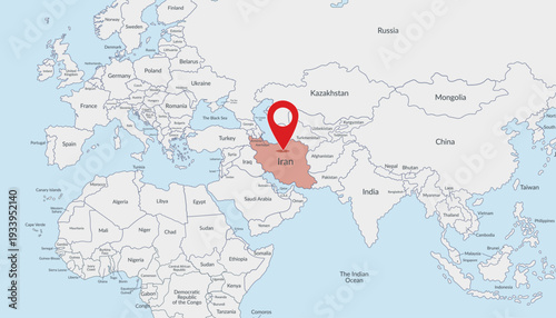 Iran location on the world map with pin location marker. Vector flat template.